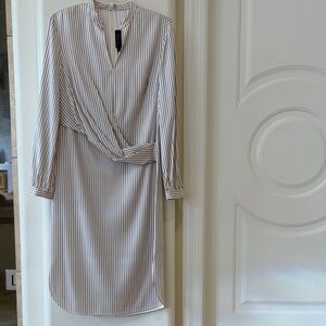 St. John Beige and White Striped Long Sleeve Dress